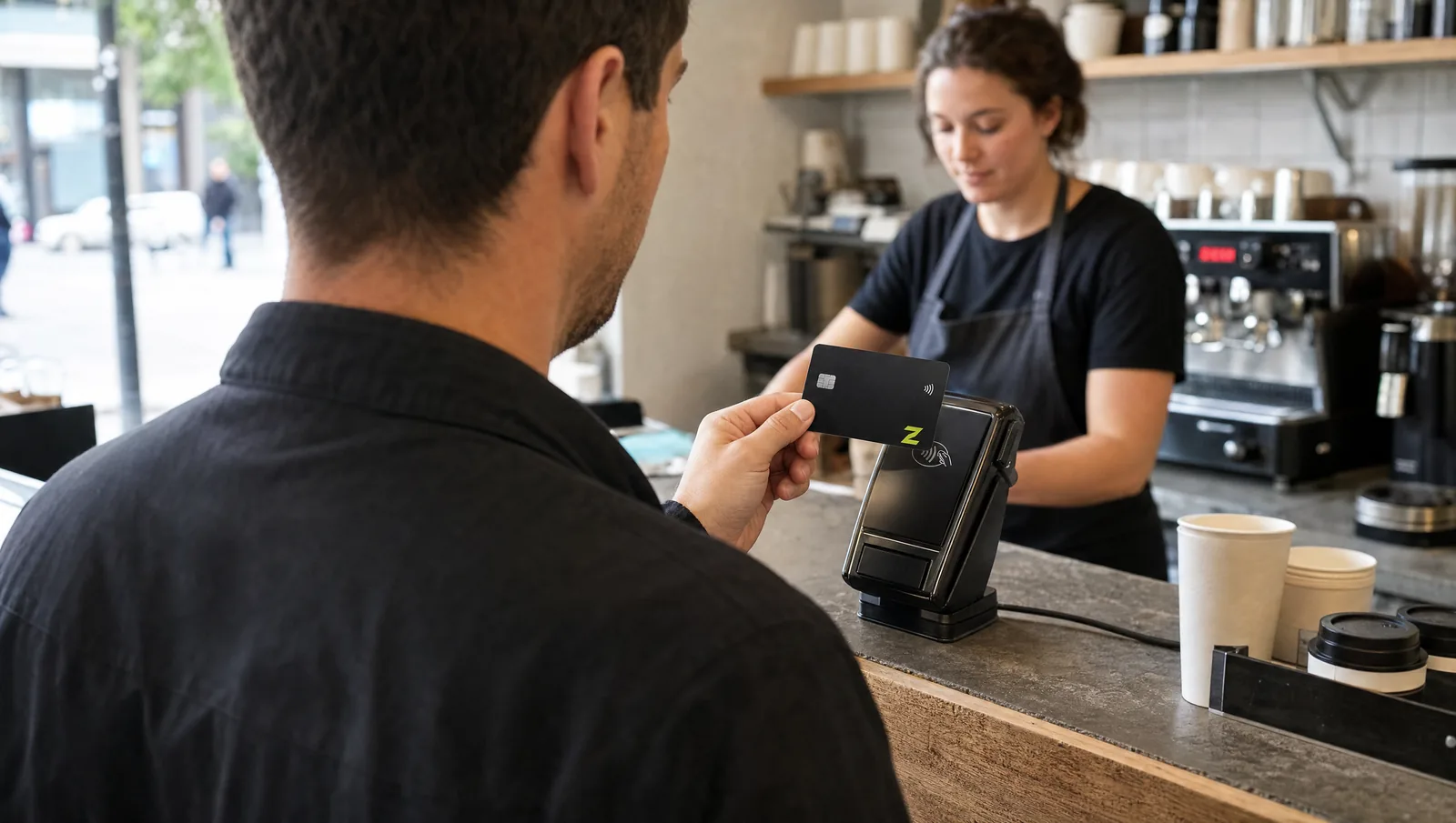 Paying for coffee with the ZERA card.