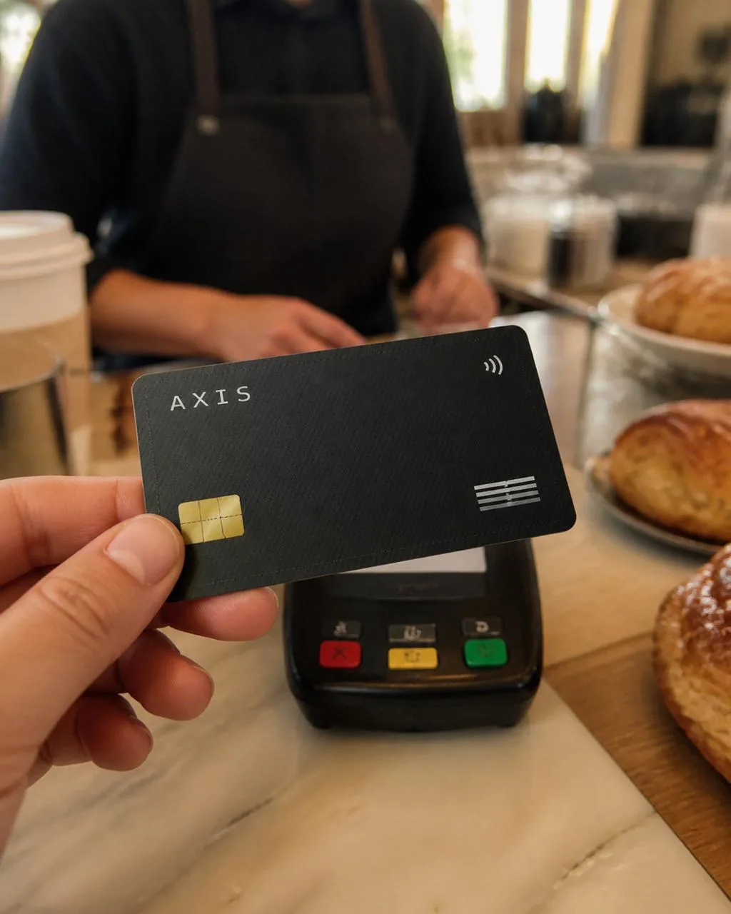 The AXIS card held at a bakery counter terminal