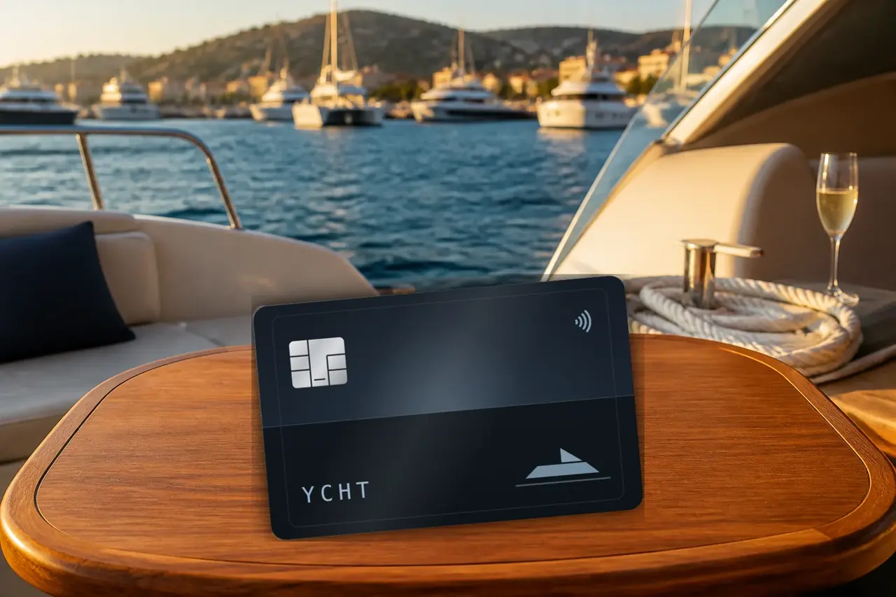 The YCHT card on a yacht's teak table, the marina beyond