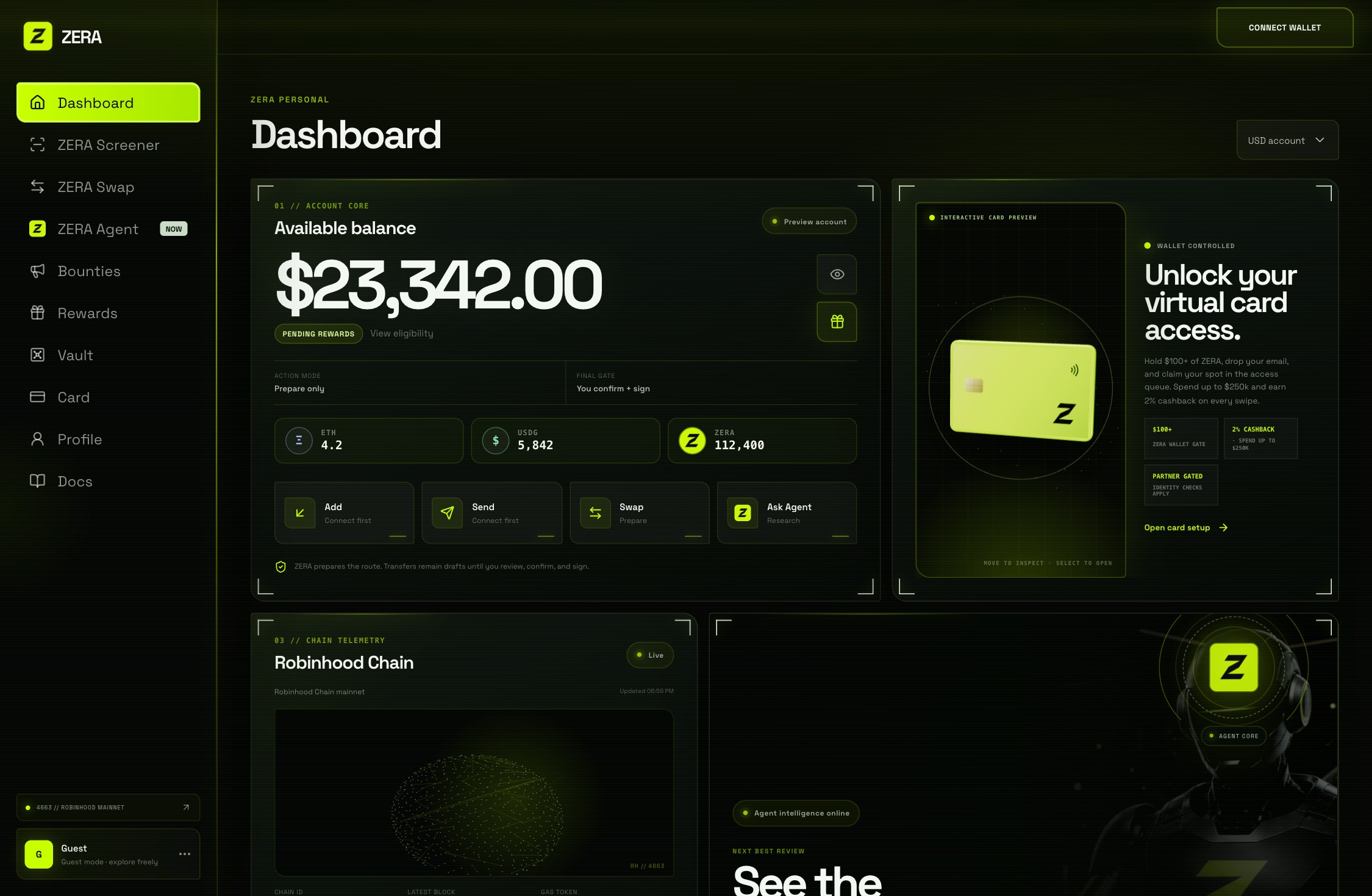 The ZERA dashboard: account balance, card preview and chain telemetry.