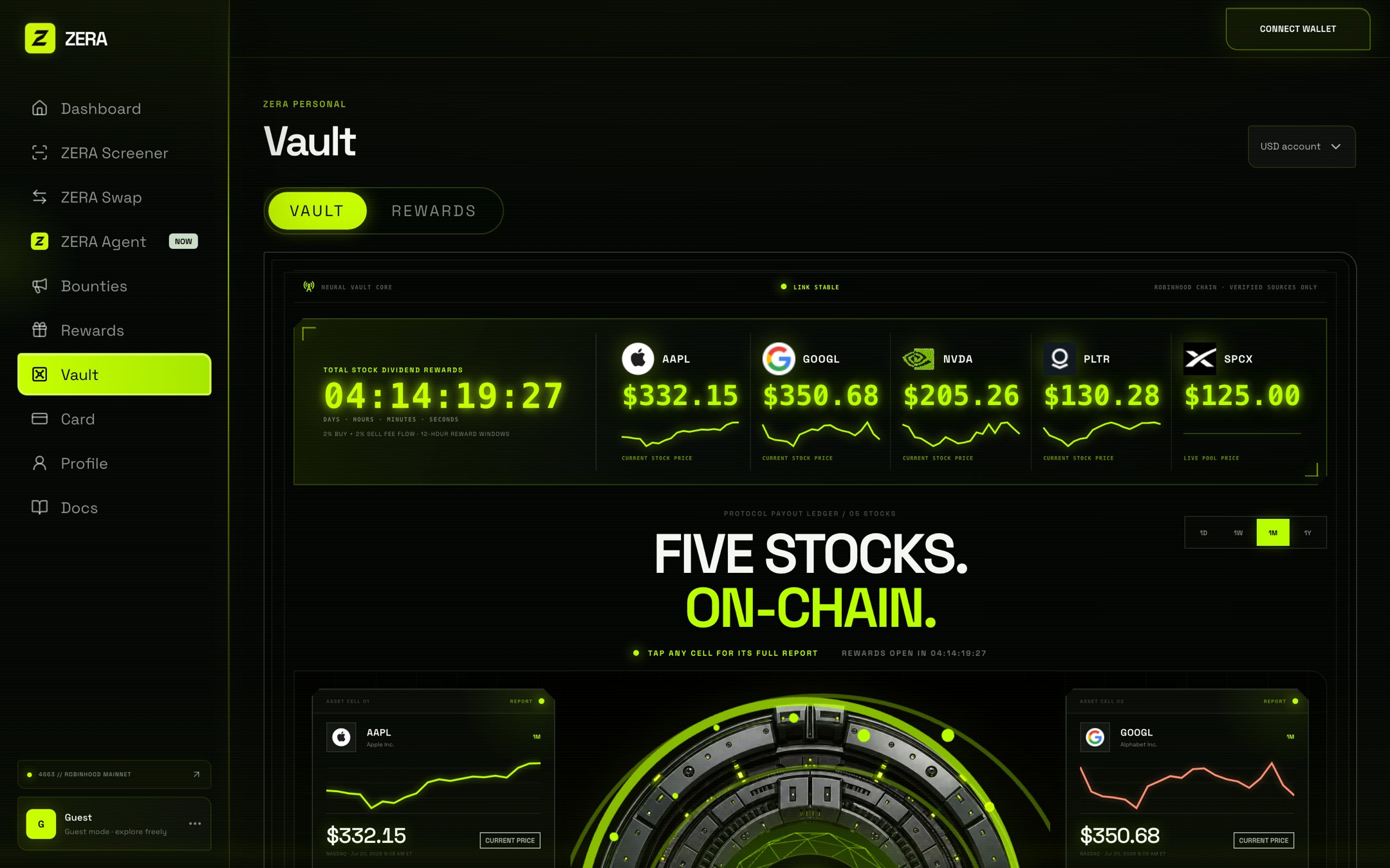 The ZERA vault screen: the dividend window countdown, live positions and the payout ledger.