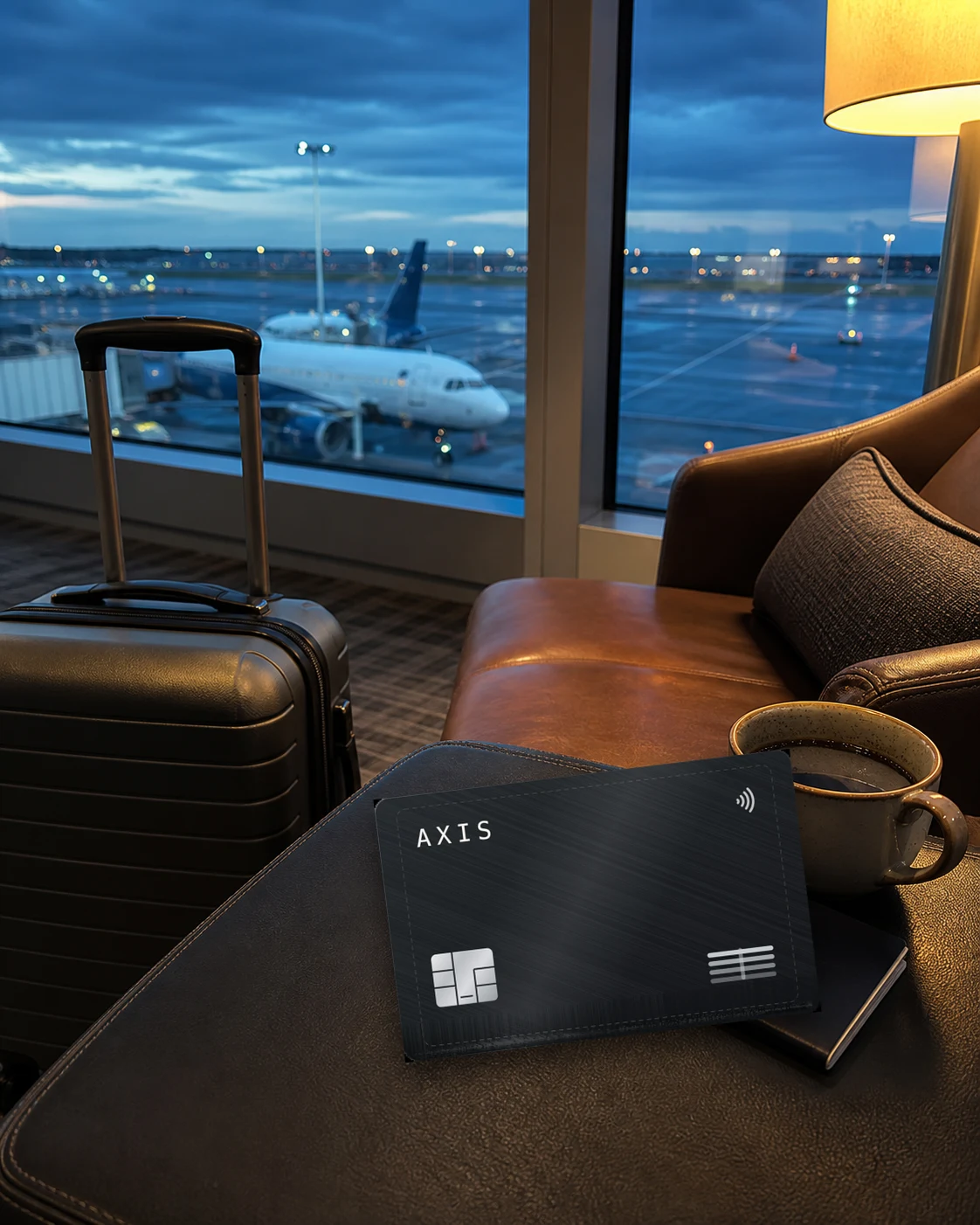 The AXIS card on a table in an airport lounge